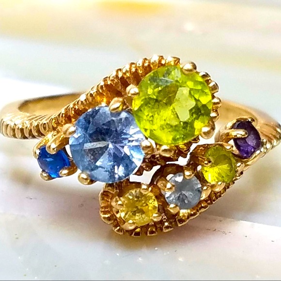 14K Yellow Gold band: Spinel, Aquamarine, Peridot, Topaz Gemstone Ring sz 8 - Picture 1 of 7